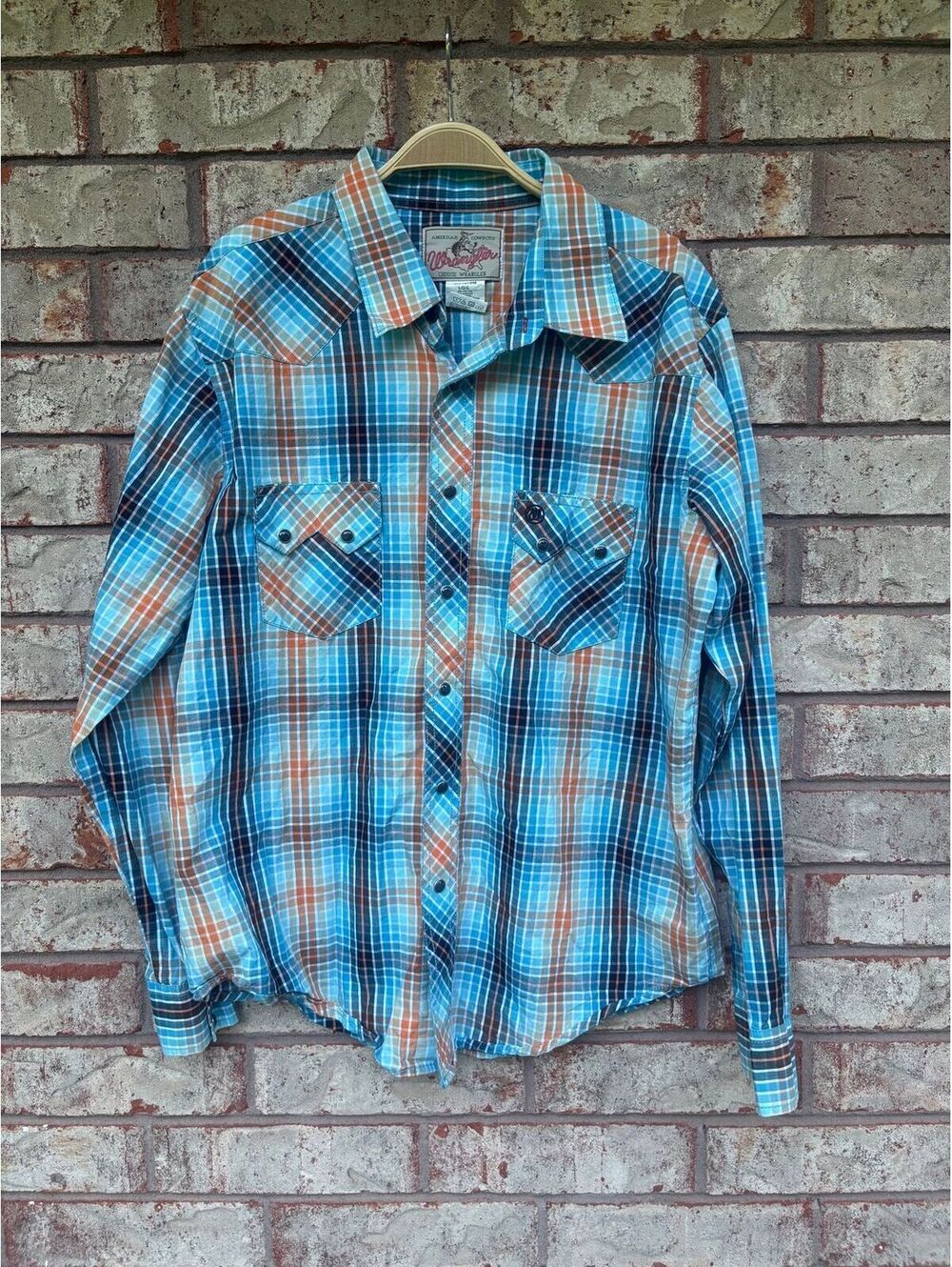 Wrangler Mens Pearl Snap Western Shirt Long Sleeve Plaid Orange Blue Size L